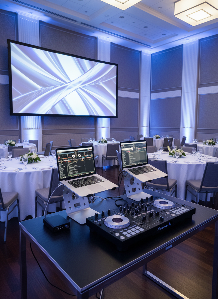 A polished corporate event environment inside a modern Manhattan conference venue, presented in clean photographic realism. In the foreground, a professional DJ setup features a compact, matte-black controller, dual laptops on ergonomic stands, and a discreet audio interface, all organized on a minimalist black table. Behind it, a projection screen displays abstract geometric visuals, and subtle blue and white uplighting accentuates the room’s architectural lines. Cool, balanced LED lighting creates a professional, focused mood. Captured from an eye-level, three-quarter angle with sharp focus throughout, the composition shows neatly arranged banquet rounds and simple centerpieces in the mid-ground, with no people present. Accent light beams and reflections on polished flooring imply an upcoming networking reception with upscale, unobtrusive entertainment.