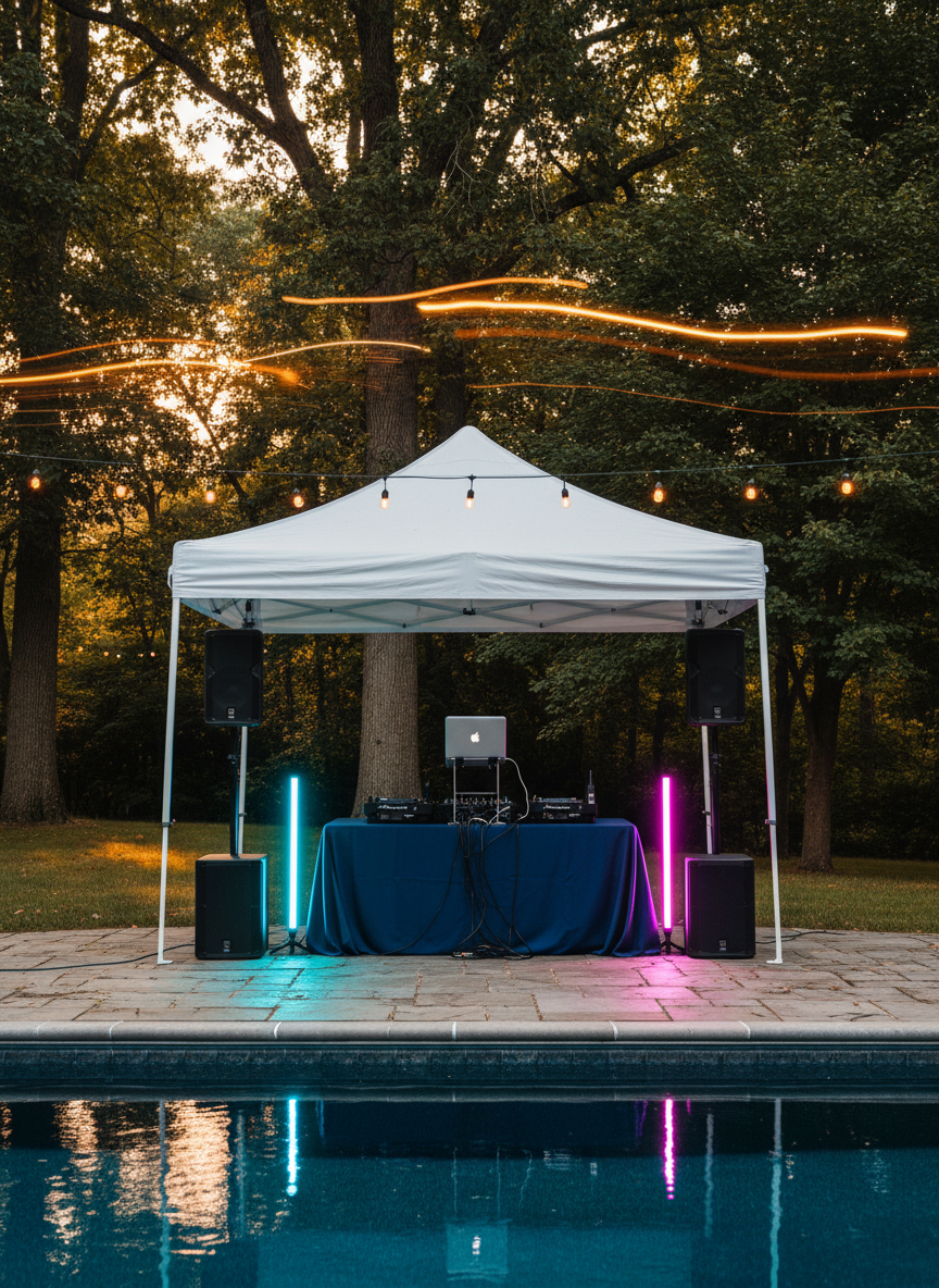 A vibrant outdoor summer party scene in a New Jersey backyard, centered on a covered DJ station beneath a sturdy white canopy. The DJ table is draped in a dark, wrinkle-free cloth, holding a compact controller, laptop stand, wireless microphone, and neatly coiled cables. Two tower speakers flank the setup, with slim LED light bars casting saturated teal and magenta beams across a stone patio. Photographic realism with late-afternoon sunlight filtering through trees, creating dappled patterns on the ground. Shot from a low, wide angle, the frame includes a glimmering pool edge and string lights overhead, with motion-blur light trails suggesting dancing and activity while keeping the space free of visible people, evoking a fun, private-party energy.