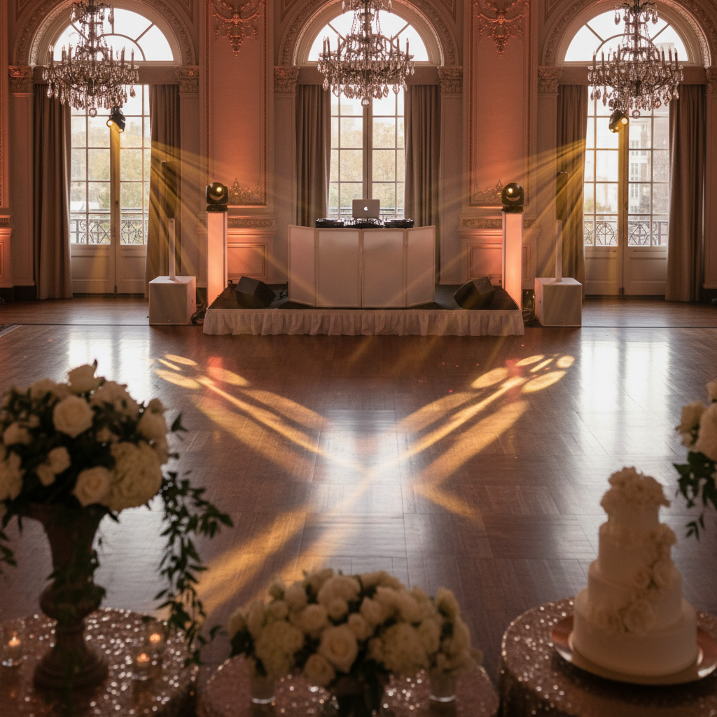 An elegant wedding reception dance floor in a sophisticated New York ballroom, captured in photographic realism. At the far end, a refined DJ setup rests on a slightly elevated riser: black turntables, a premium mixer, and a laptop on a clean white facade, accented by subtle amber and blush LED uplights. Soft golden hour light filters through high arched windows, mixing with precise spotlights and moving beams that fan across the polished wooden floor. From a slightly elevated angle, the composition shows decor elements like floral centerpieces and a tiered cake in the blurred foreground, while colored light patterns on the empty dance floor imply an inviting, romantic atmosphere, with no people visible.