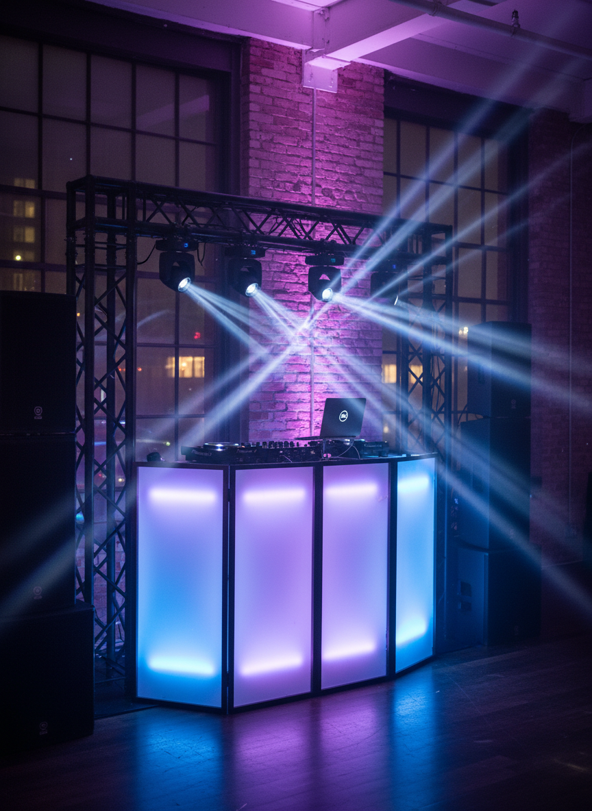 A dynamic, club-style private party environment styled for a New York loft, shot in high-contrast photographic realism. The central focus is an illuminated DJ platform constructed from black truss segments and frosted acrylic panels that glow with synchronized waves of neon purple and electric blue. On top, a sleek mixer, media players, and a laptop form a tight, professional rig. Moving-head lights mounted above cast sharp, angled beams through subtle haze, creating dramatic rays that crisscross the frame. Captured from a slightly low angle, the image emphasizes the power of the sound system’s stacked subwoofers and satellites. The background shows exposed brick, industrial windows, and diffused city lights, with no visible people, evoking an energetic, high-end nightlife atmosphere tailored for private events.