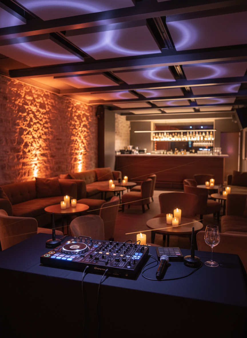 An intimate indoor lounge setting in New Jersey designed for a milestone birthday or private party, captured in warm photographic realism. The DJ table, dressed in a smooth, dark cloth, supports a compact all-in-one controller, wireless microphones, and a small effects pad, all neatly arranged. Soft amber uplights accent a textured stone wall behind the booth, while slow-moving wash lights bathe the ceiling in gentle shades of violet. From a slightly elevated, off-center angle, the composition includes plush seating, low tables with candles, and a minimalist bar area in the softly blurred background. The lighting creates a cozy yet festive atmosphere, with subtle light streaks and reflections in glassware hinting at music and motion, but no people are shown, emphasizing the professional yet intimate entertainment setup.