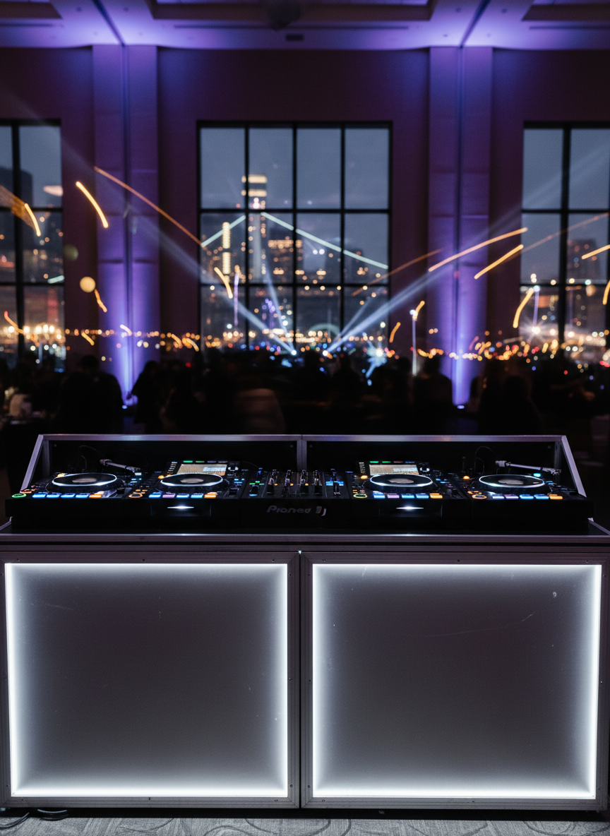 A sleek, professional DJ booth set up indoors, featuring a modern black controller with glowing multicolored pads, dual turntables, and a polished mixer, all cased in a brushed aluminum facade with subtle LED edging. The booth stands at the center of a spacious event hall that hints at a New York or New Jersey skyline through tall windows in soft focus. Warm, diffused uplighting in blues and purples washes the walls, creating an energetic yet upscale mood. Photographic realism, eye-level composition, with crisp focus on the equipment and a softly blurred background of abstract motion and light beams suggesting a lively crowd without showing any people, conveying high-end event professionalism.