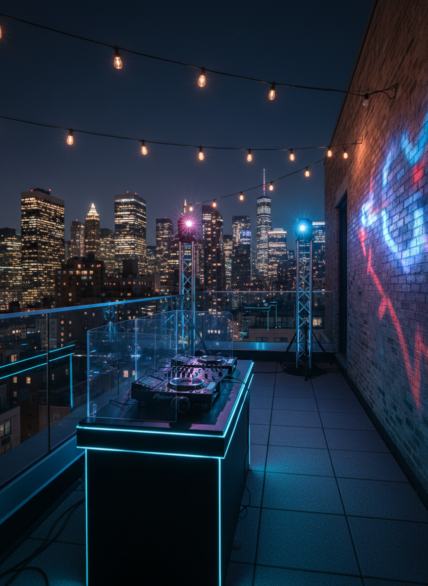 A nighttime rooftop celebration overlooking a recognizable but stylized New York and New Jersey skyline, rendered in rich photographic realism. In the foreground, a weatherproof DJ console sits on a sleek, dark platform, holding a robust controller, mixer, and neatly aligned headphones. Transparent windshields protect the gear, and slim LED strips outline the booth, casting a cool cyan glow on the textured rooftop surface. Soft bistro string lights crisscross overhead, while programmed moving lights project subtle geometric patterns onto nearby walls. Shot from a wide, eye-level perspective, the frame captures reflections of colored lights in nearby glass railings and a glowing city horizon beyond, with no people visible. The mood is upscale, cinematic, and celebratory, ideal for showcasing premium outdoor DJ services.